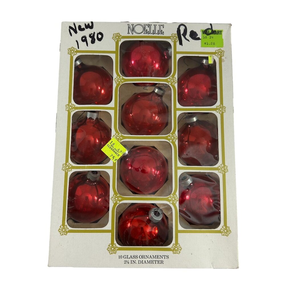 Vintage Noelle 10 Red Glass Ball Christmas Ornaments USA Holiday W Box READ